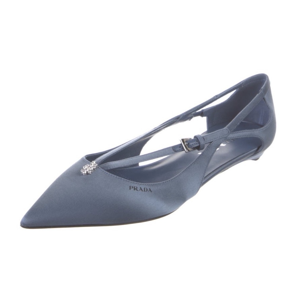 Prada Blue Satin Pointed Toe Slingback Flats with Crystal Accent